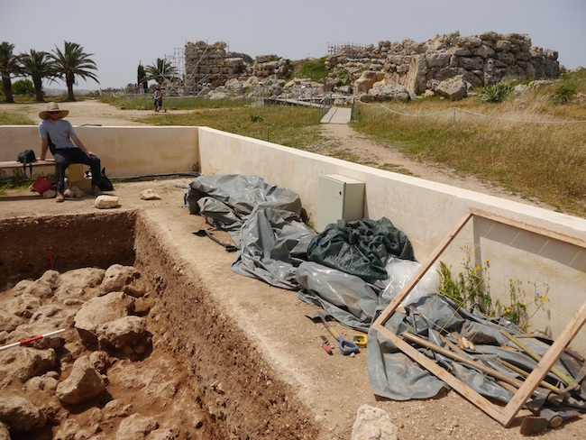 Figure 3: Collapsed wall/ ramp in front of Ggantija Temple (background), under excavation.