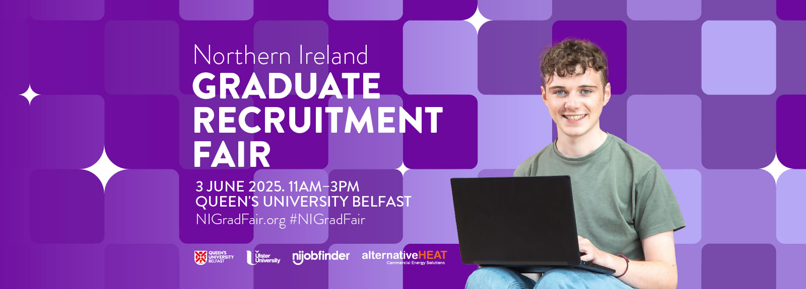 male student sitting on laptop background is purple with text about NI Grad Fair
