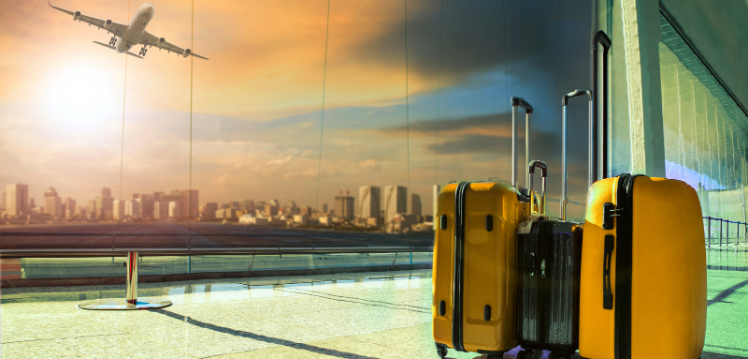 Two suitcases in an airport with an airplane in the sky