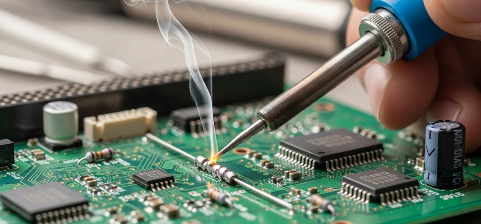 close-up of a person soldering a circuit board