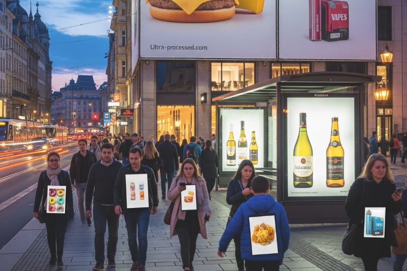 AI-generated image of people walking along a busy city street, some with large pictures of processed foods superimposed over their clothing and pictures of processed food and drinks on nearby advertising hoardings
