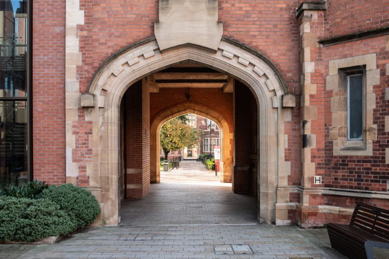 looking into the quadrangle at Queen's University Belfast via the Lanyon Building North Arch