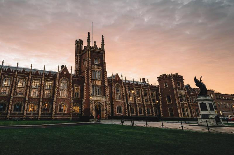 façade of the Lanyon Building, Queen's University Belfast, in dull dawn or dusk light