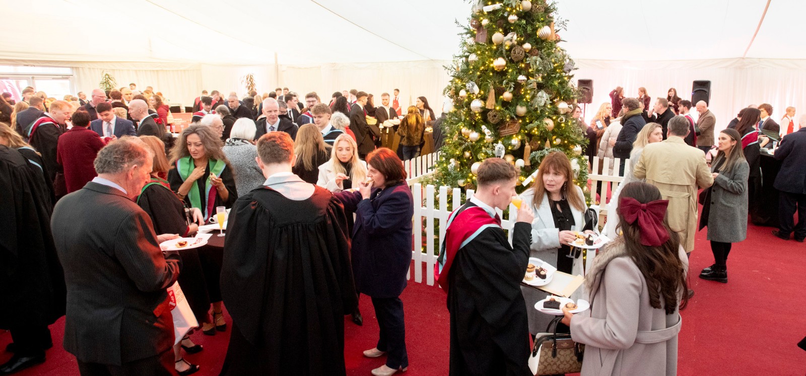 People mingling and enjoying refreshment at a winter graduation garden party. A Christmas tree stands in the middle of the marquee.